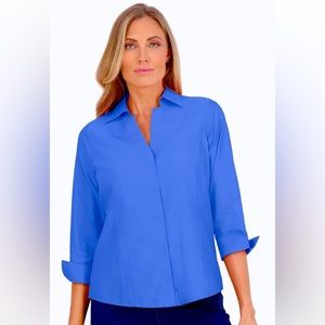 Foxcroft NYC (14P Shaped) Blue, Collared, Button up W/ 3/4 sleeves with cuff